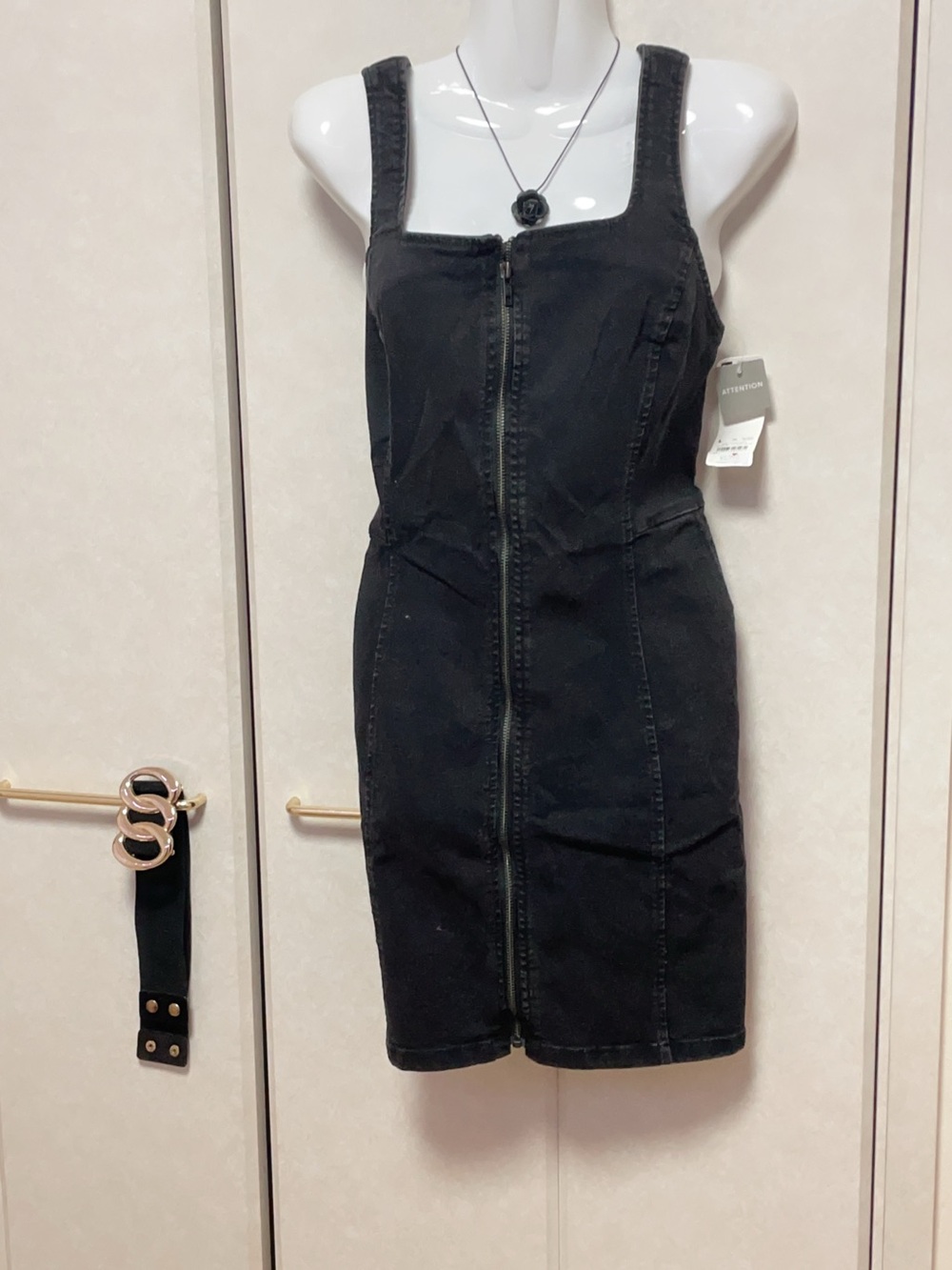 GU Black Zip-Front Denim Pinafore Dress